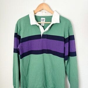 GAP Men's Green Rugby Shirt with Purple and Black Stripes. #90s #y2k #skate